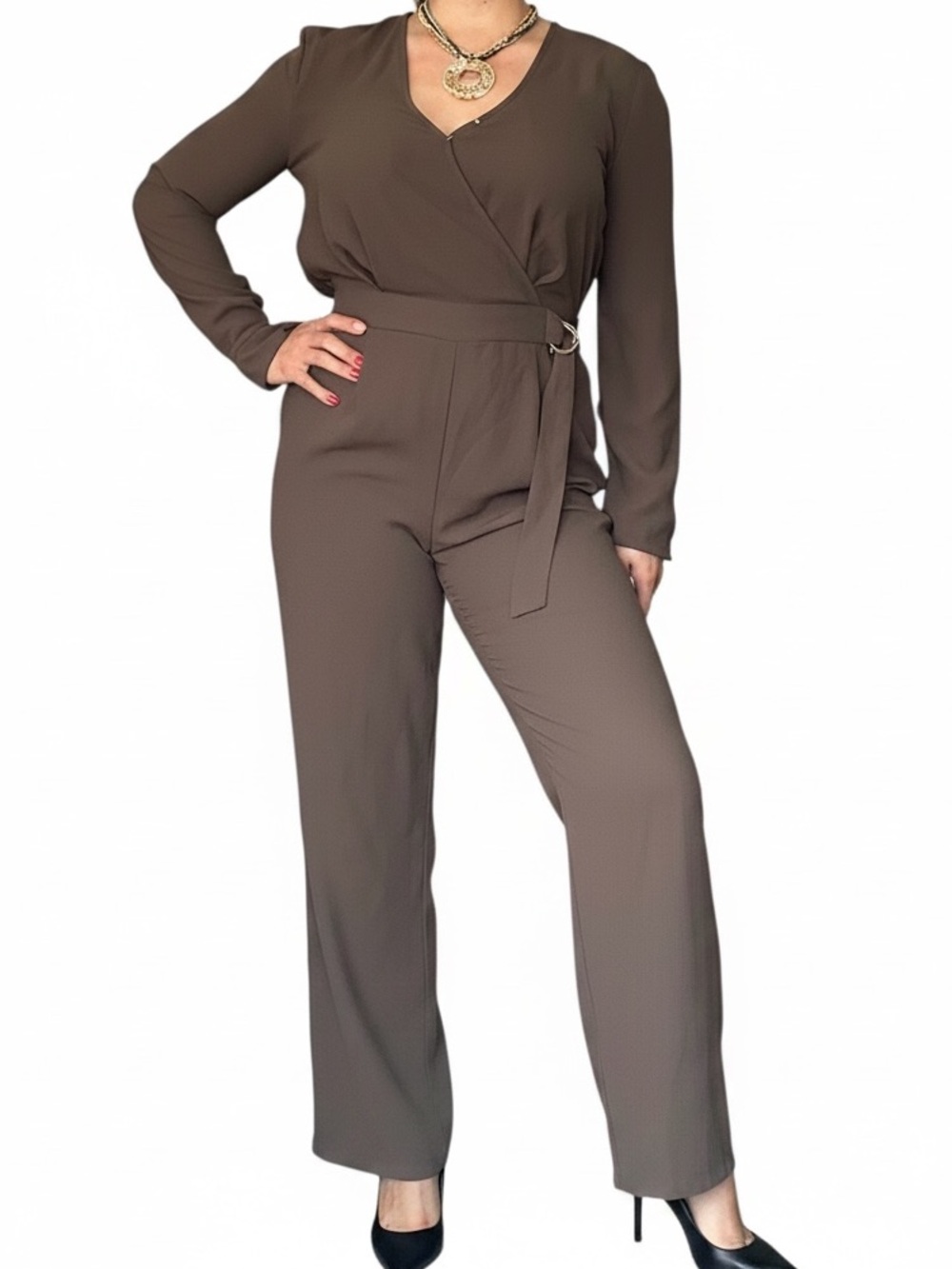 Forever 21 Sophisticated Coffee Brown Wrap-Front Jumpsuit - Small